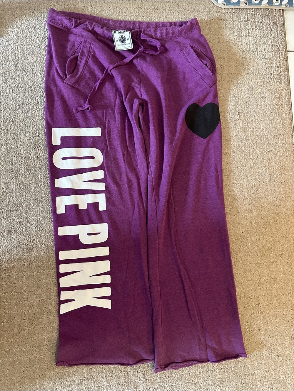 PINK Victoria's Secret Purple 'LOVE PINK' Pajama Bottoms with Black Heart